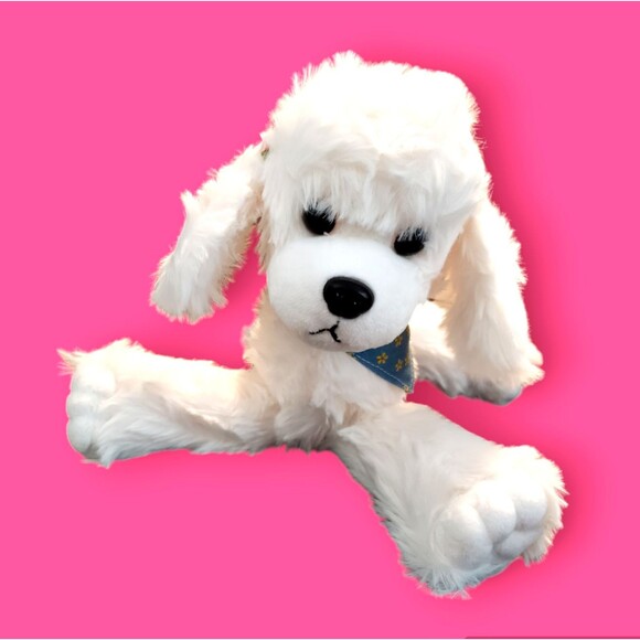 New SOFT Fur White POODLE Plush Stuffed PINK Rose LOVE Floppy TRENDY Dog - Picture 2 of 7